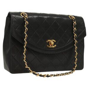 CHANEL Matelasse Chain Shoulder Bag Lamb Skin Black Gold CC Auth